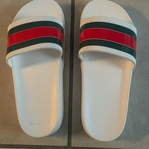 White Slides with Red and Green Stripes
